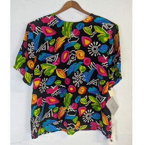 Vtg Silk Blouse Bold Pattern 1990s Bright Nautical Colorful Anna and Frank XL